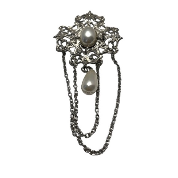 80’s Silver Tone Victorian Revival Brooch with Faux Pearls & Silver Tome Chains - Picture 1 of 4